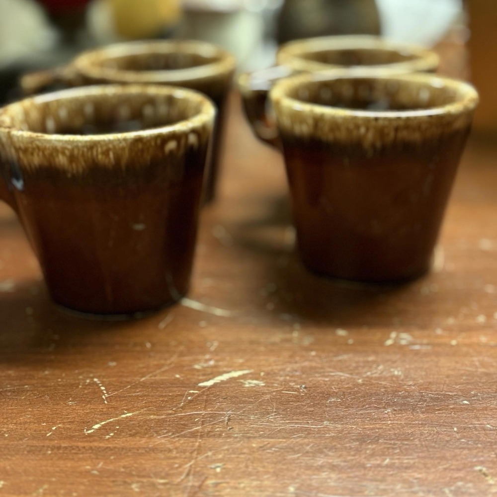Vintage Hull Pottery Oven Proof USA Brown Drip Glaze Coffee Mugs Set Of 4 Mugs